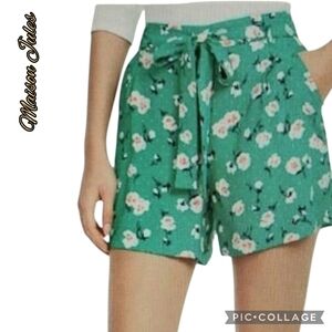 Maison Jules shorts cute green floral print tie belt pockets sz xxl nwt